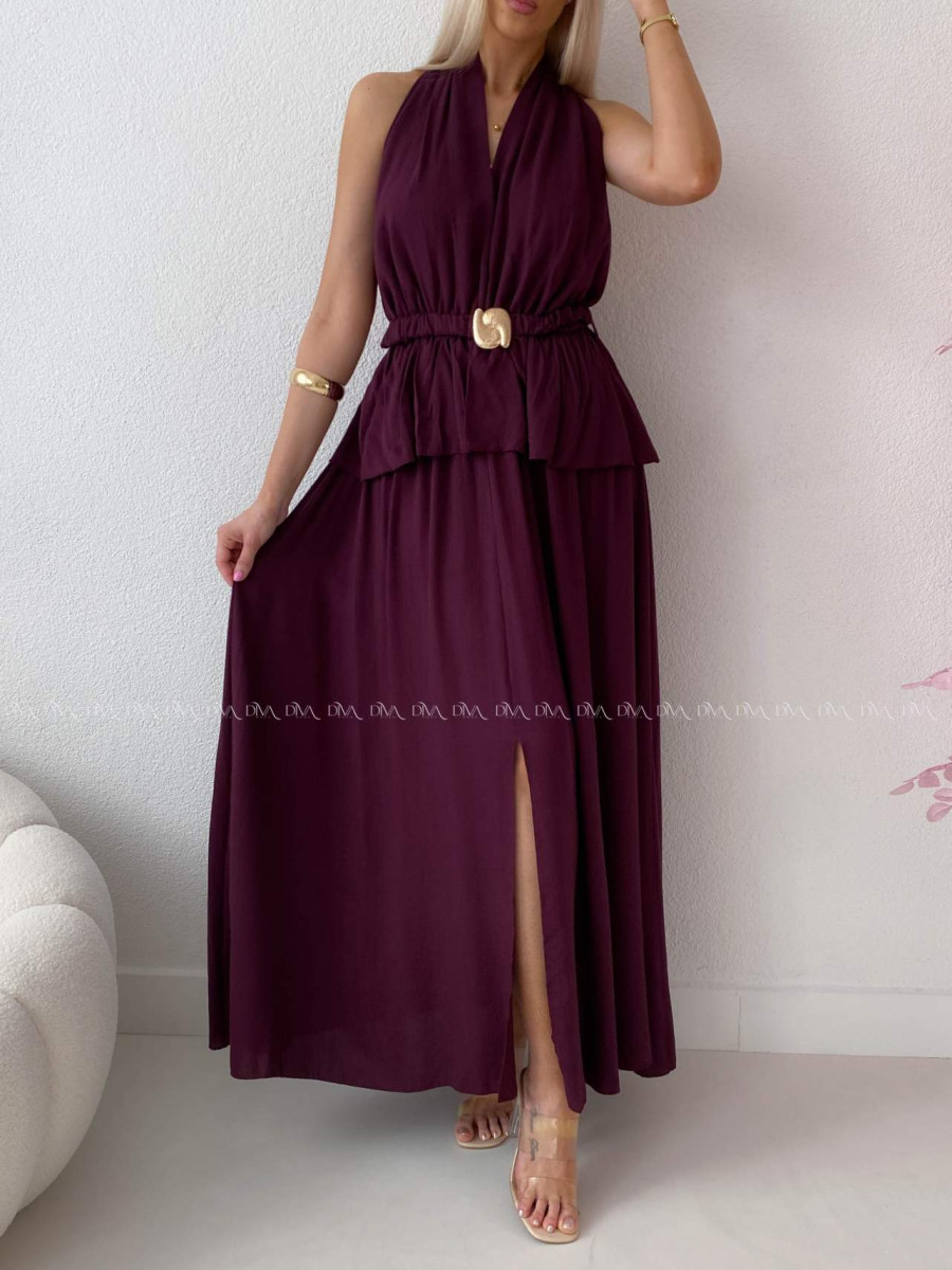 Maxi šaty s peplum volánom a  viazaním okolo krku burgundy AB 277