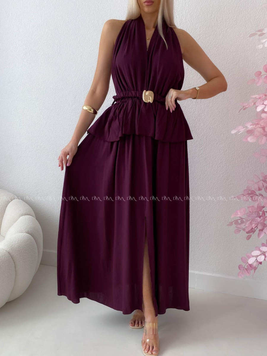 Maxi šaty s peplum volánom a  viazaním okolo krku burgundy AB 277