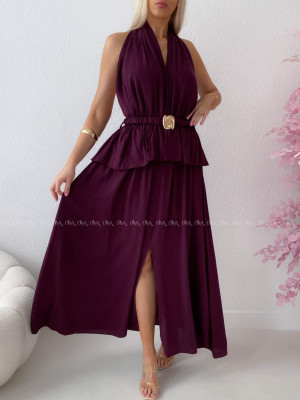 Maxi šaty s peplum volánom a  viazaním okolo krku burgundy AB 277