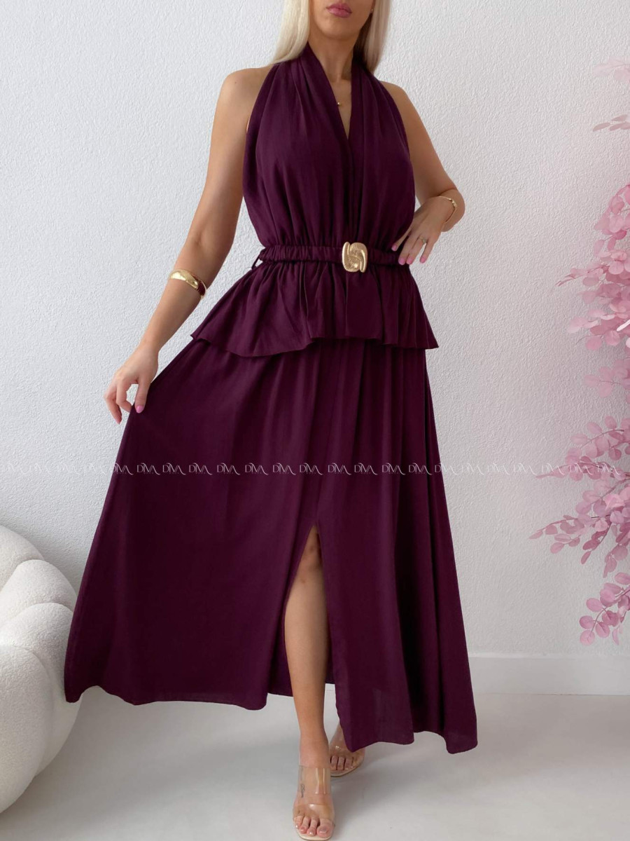 Maxi šaty s peplum volánom a  viazaním okolo krku burgundy AB 277