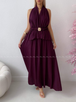 Maxi šaty s peplum volánom a  viazaním okolo krku burgundy AB 277