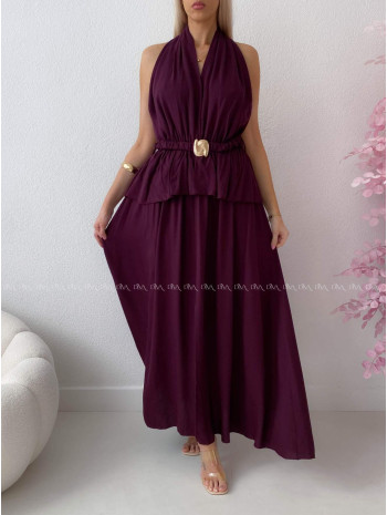 Maxi šaty s peplum volánom a  viazaním okolo krku burgundy AB 277
