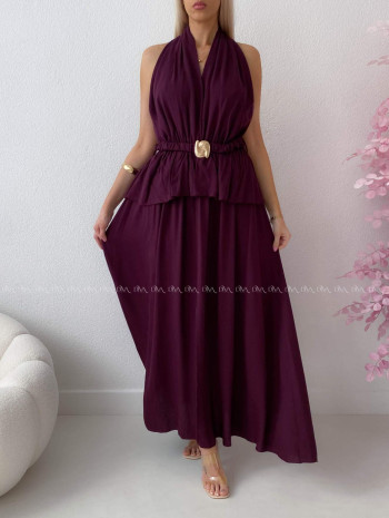 Maxi šaty s peplum volánom a  viazaním okolo krku burgundy AB 277