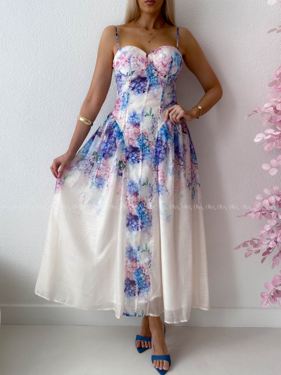 Elegantné ľahké midi šaty na ramienka Flora fialové AB 129 Elegantné ľahké midi šaty na ramienka Flora fialové AB 129