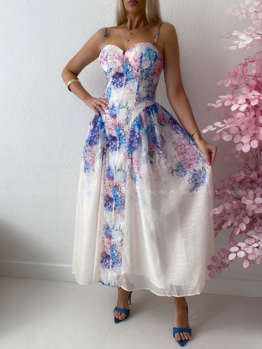 Elegantné ľahké midi šaty na ramienka Flora fialové AB 129 Elegantné ľahké midi šaty na ramienka Flora fialové AB 129