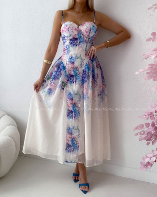 Elegantné ľahké midi šaty na ramienka Flora fialové  AB 129