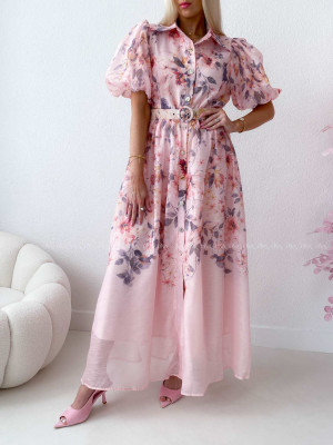 Elegantné kvetinové maxi šaty nature ružové AB 303