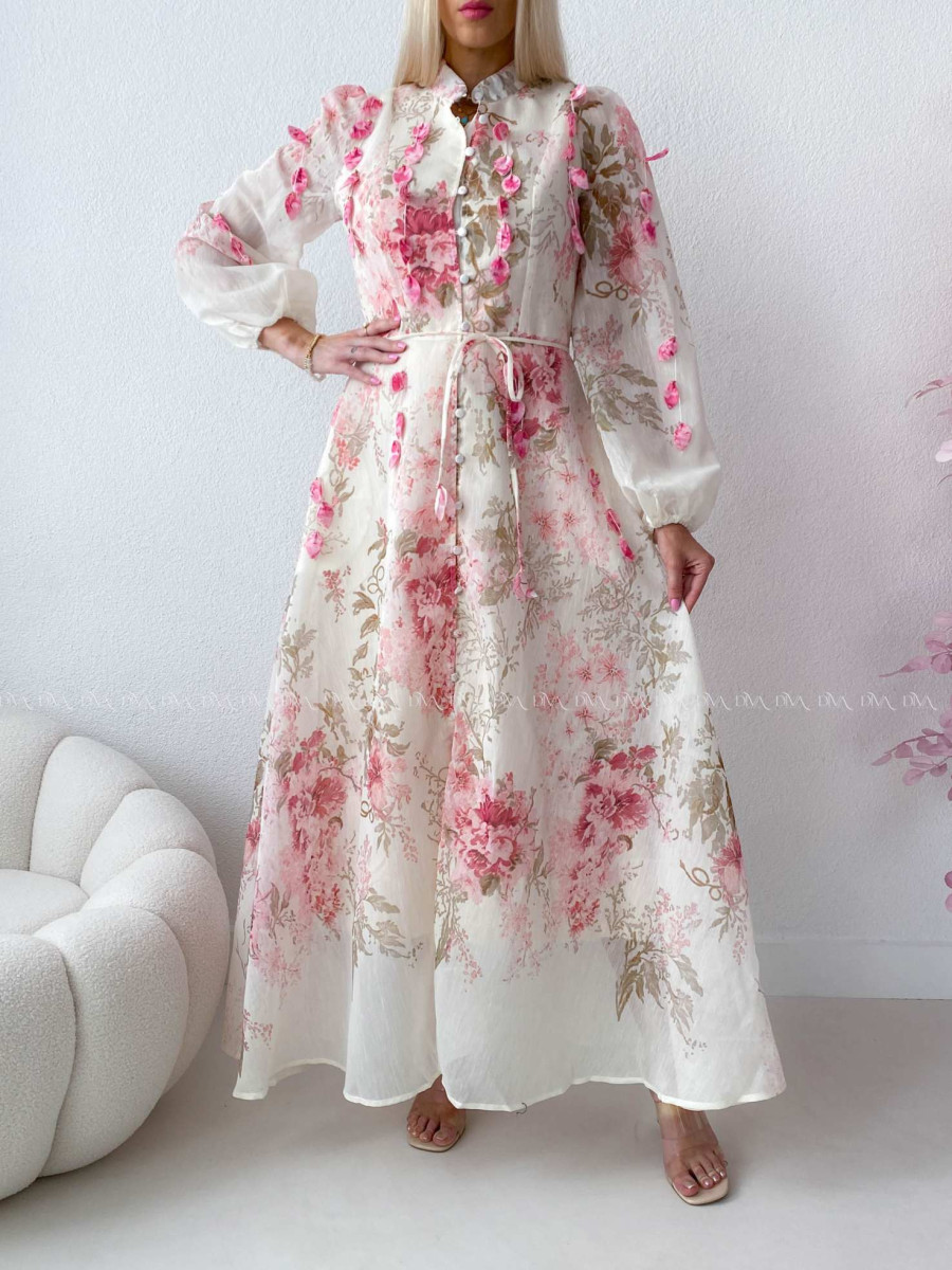 Elegantné maxi šaty Floral s lístočkami bielo/ ružové AB 300