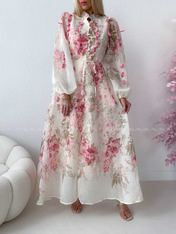 Elegantné maxi šaty Floral s lístočkami bielo/ ružové AB 300