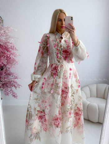 Elegantné maxi šaty Floral s lístočkami bielo/ ružové AB 300 Elegantné maxi šaty Floral s lístočkami bielo/ ružové AB 300