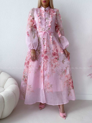 Elegantné maxi šaty Floral s lístočkami ružové AB 300