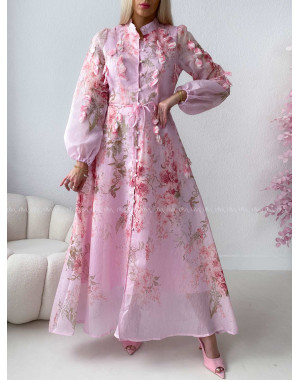 Elegantné maxi šaty Floral s lístočkami ružové AB 300