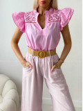Bavlnená blúzka s volánmi a madeirou ružová AB 514