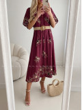 Vyšívané košeľové maxi šaty s kvetinkami burgundy AB 503 Vyšívané košeľové maxi šaty s kvetinkami burgundy AB 503