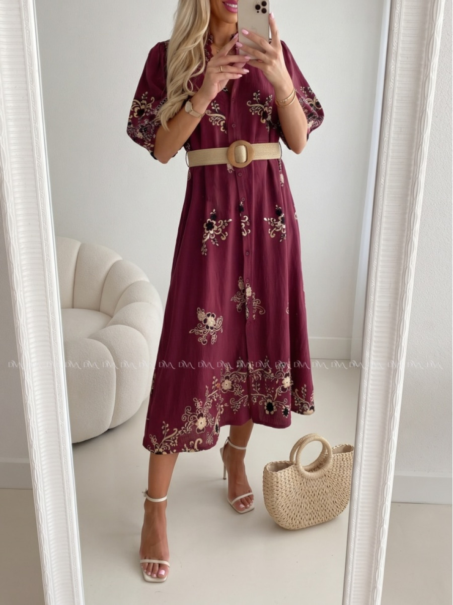 Vyšívané košeľové maxi šaty s kvetinkami burgundy AB 503 Vyšívané košeľové maxi šaty s kvetinkami burgundy AB 503