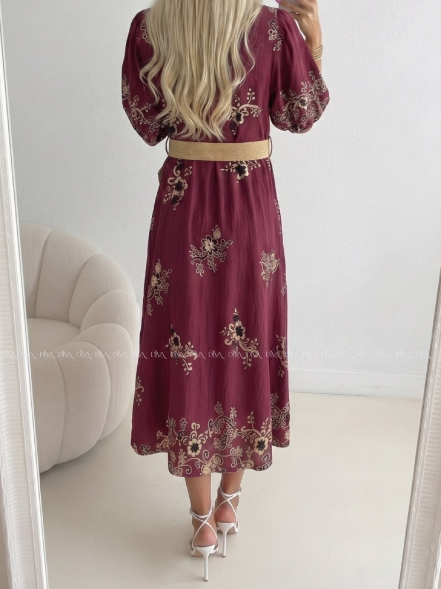 Vyšívané košeľové maxi šaty s kvetinkami burgundy AB 503 Vyšívané košeľové maxi šaty s kvetinkami burgundy AB 503