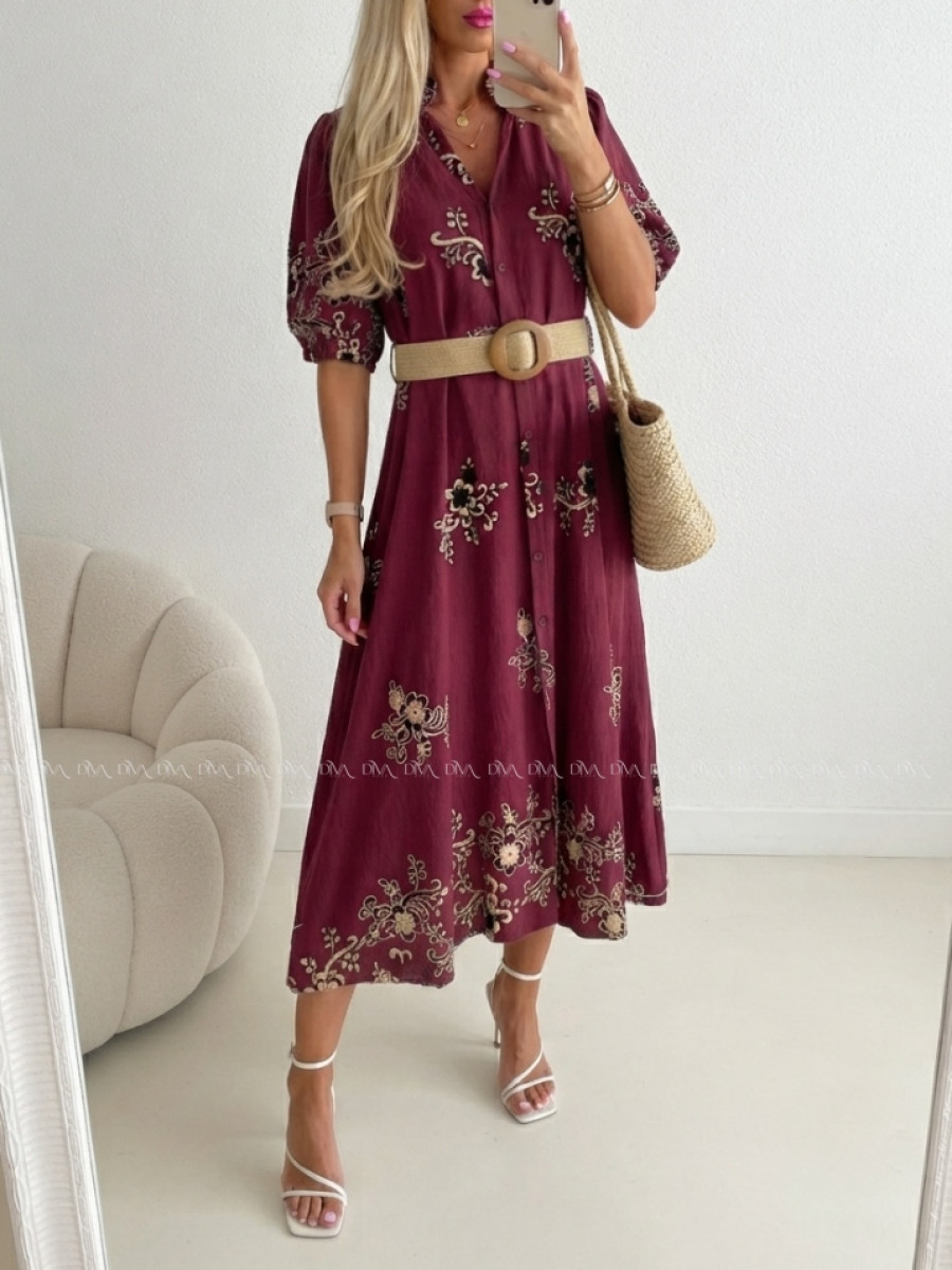 Vyšívané košeľové maxi šaty s kvetinkami burgundy AB 503 Vyšívané košeľové maxi šaty s kvetinkami burgundy AB 503