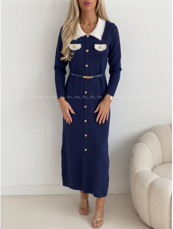 Úpletové maxi šaty s golierikom navy blue AB 536
