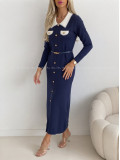 Úpletové maxi šaty s golierikom navy blue AB 536