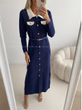 Úpletové maxi šaty s golierikom navy blue AB 536