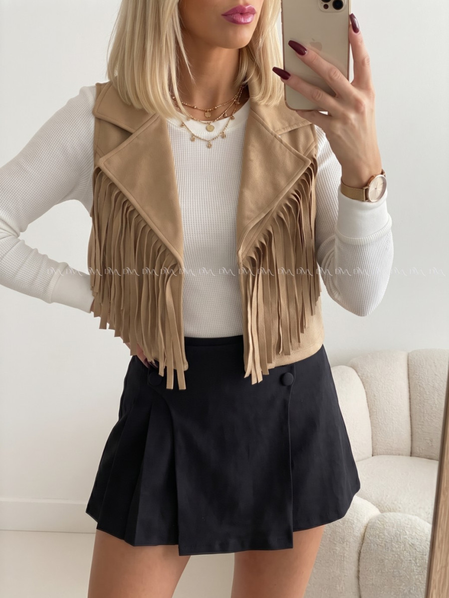 Jelenicová vesta so strapcami latté hnedá AB 708 Jelenicová vesta so strapcami latté hnedá AB 708