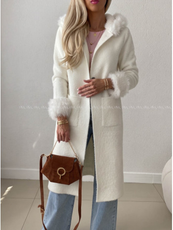 Fluffy predĺžený kardigan s kožušinou krémový AB 709 Fluffy predĺžený kardigan s kožušinou krémový AB 709