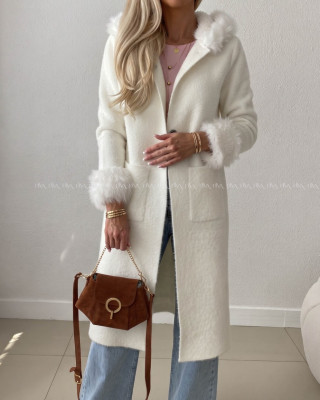 Fluffy predĺžený kardigan s kožušinou krémový AB 709