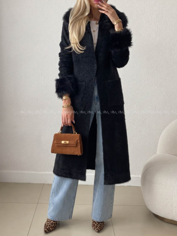 Fluffy predĺžený kardigan s kožušinou čierny AB 709