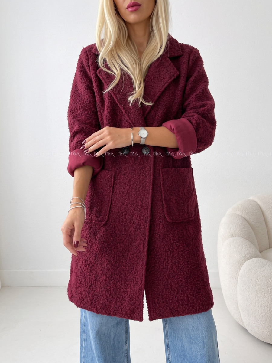 Boucle midi prechodný kabát burgundy AB 809