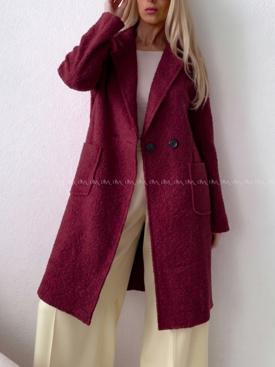 Boucle midi prechodný kabát burgundy AB 809