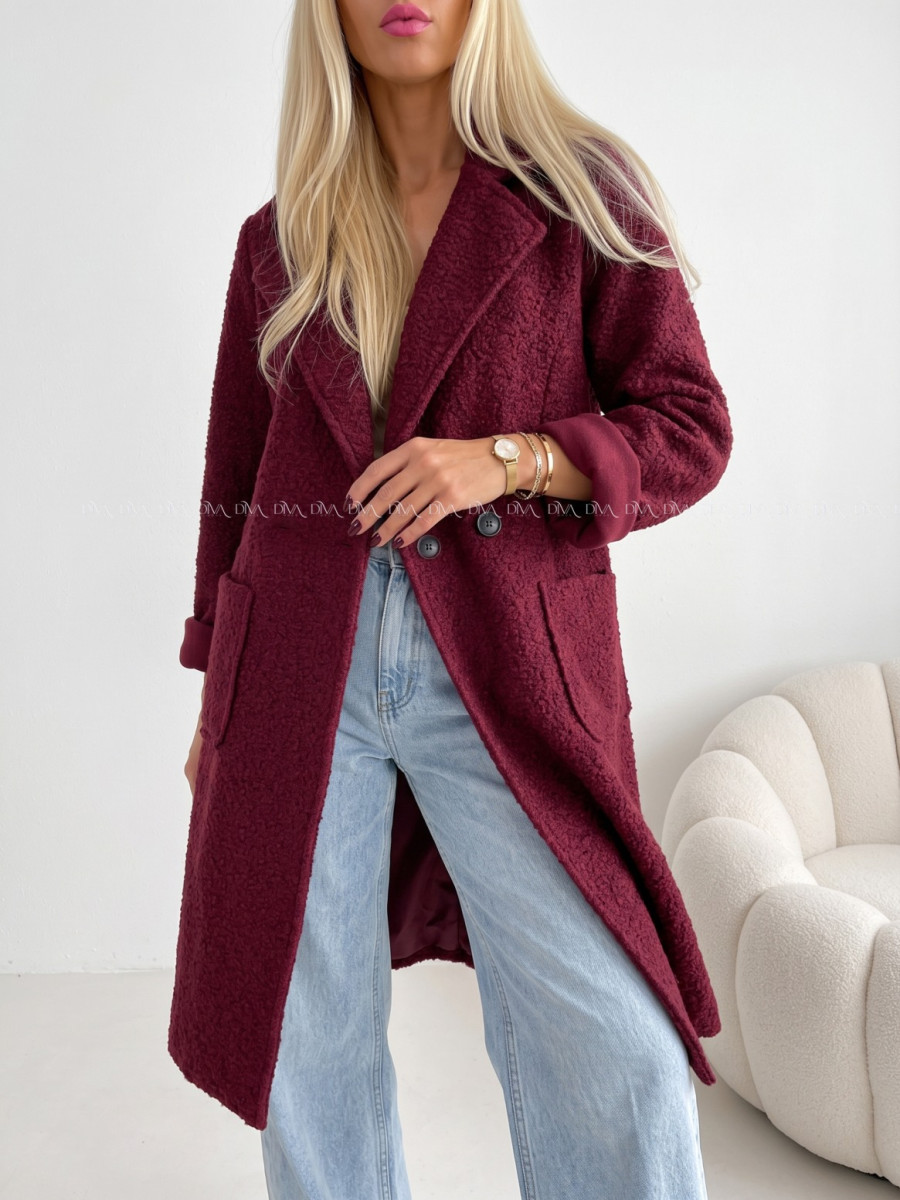 Boucle midi prechodný kabát burgundy AB 809