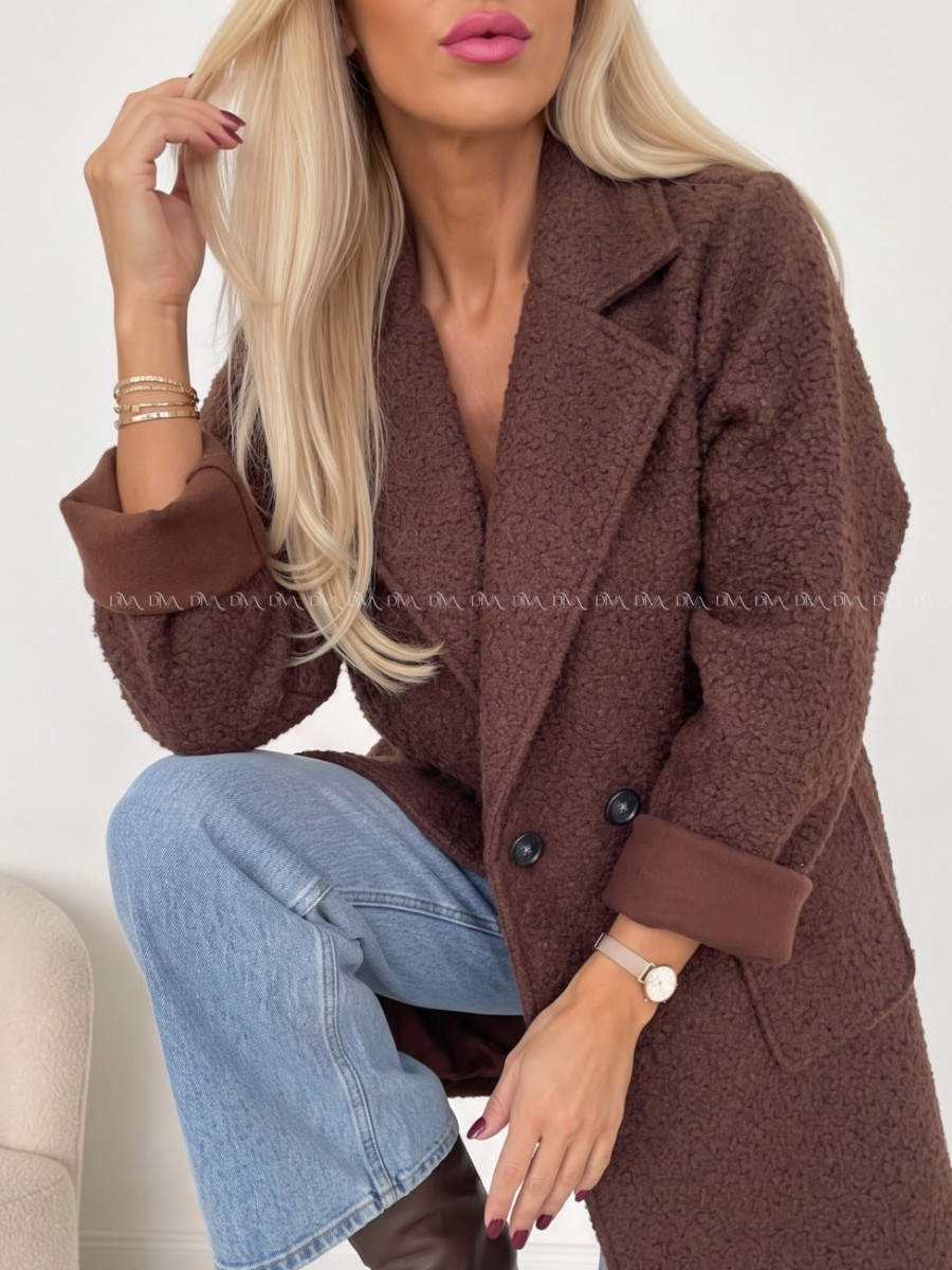 Boucle midi prechodný kabát čokoládový AB 809