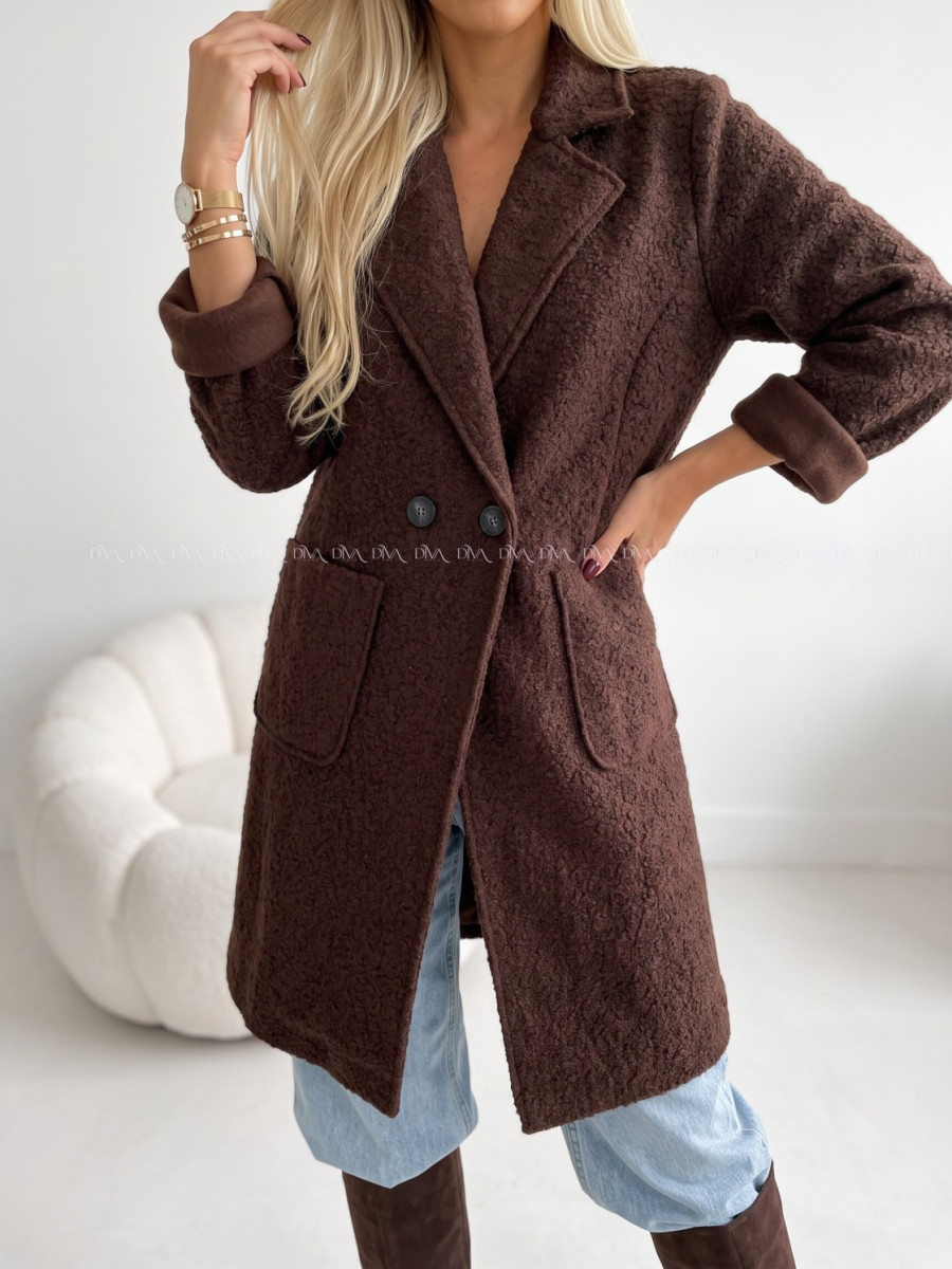 Boucle midi prechodný kabát čokoládový AB 809