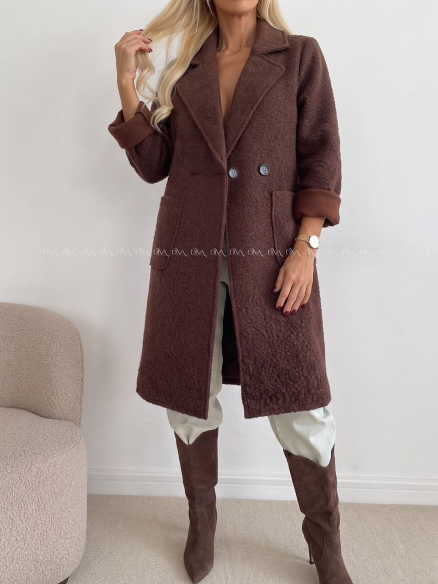 Boucle midi prechodný kabát čokoládový AB 809