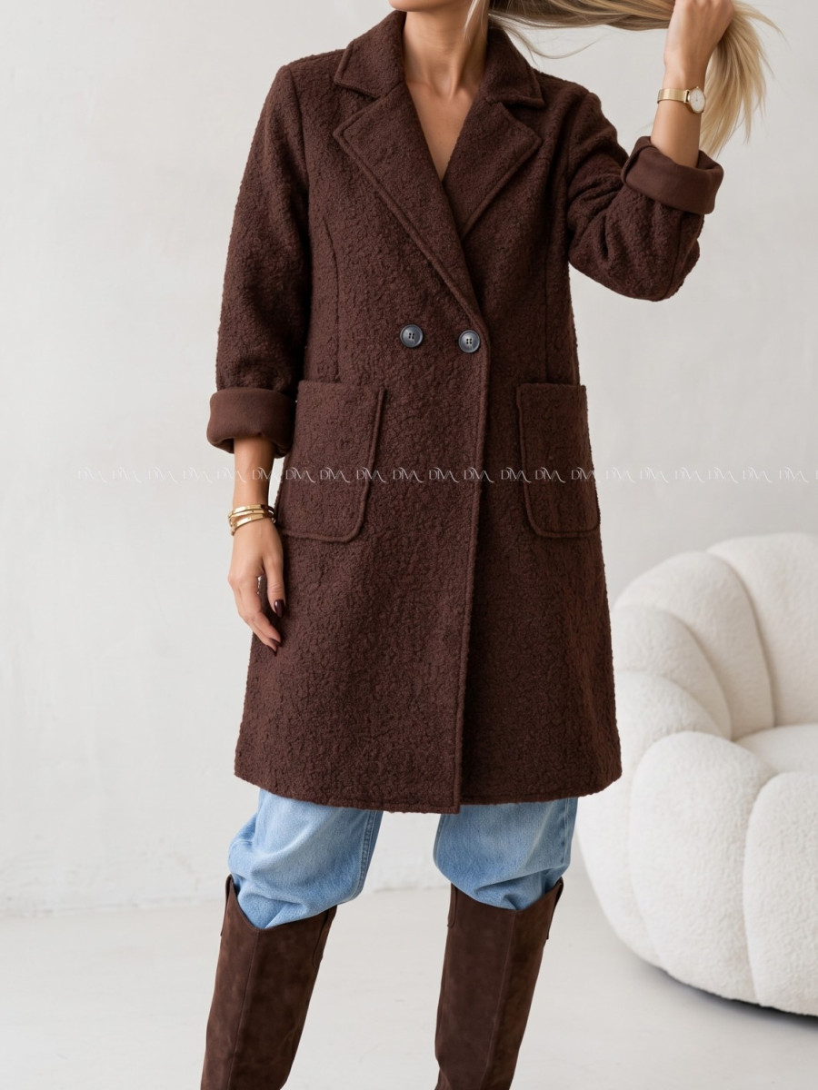 Boucle midi prechodný kabát čokoládový AB 809