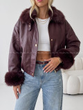 Oversize zateplená koženka s kožušinou burgundy AB 830