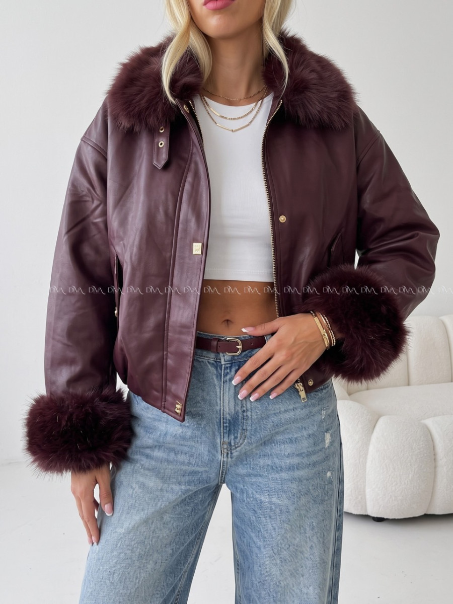 Oversize zateplená koženka s kožušinou burgundy AB 830