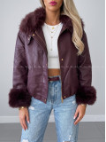 Oversize zateplená koženka s kožušinou burgundy AB 830