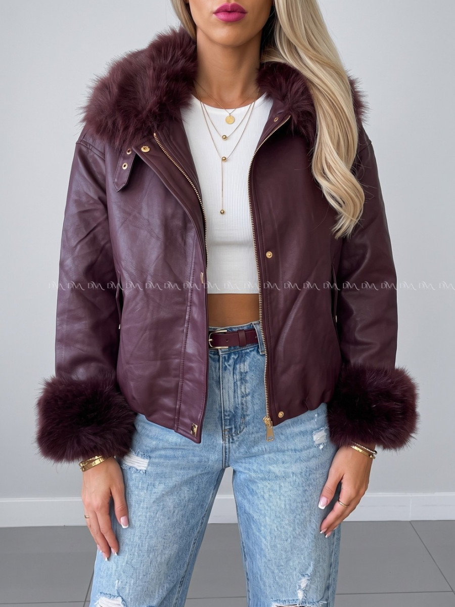 Oversize zateplená koženka s kožušinou burgundy AB 830