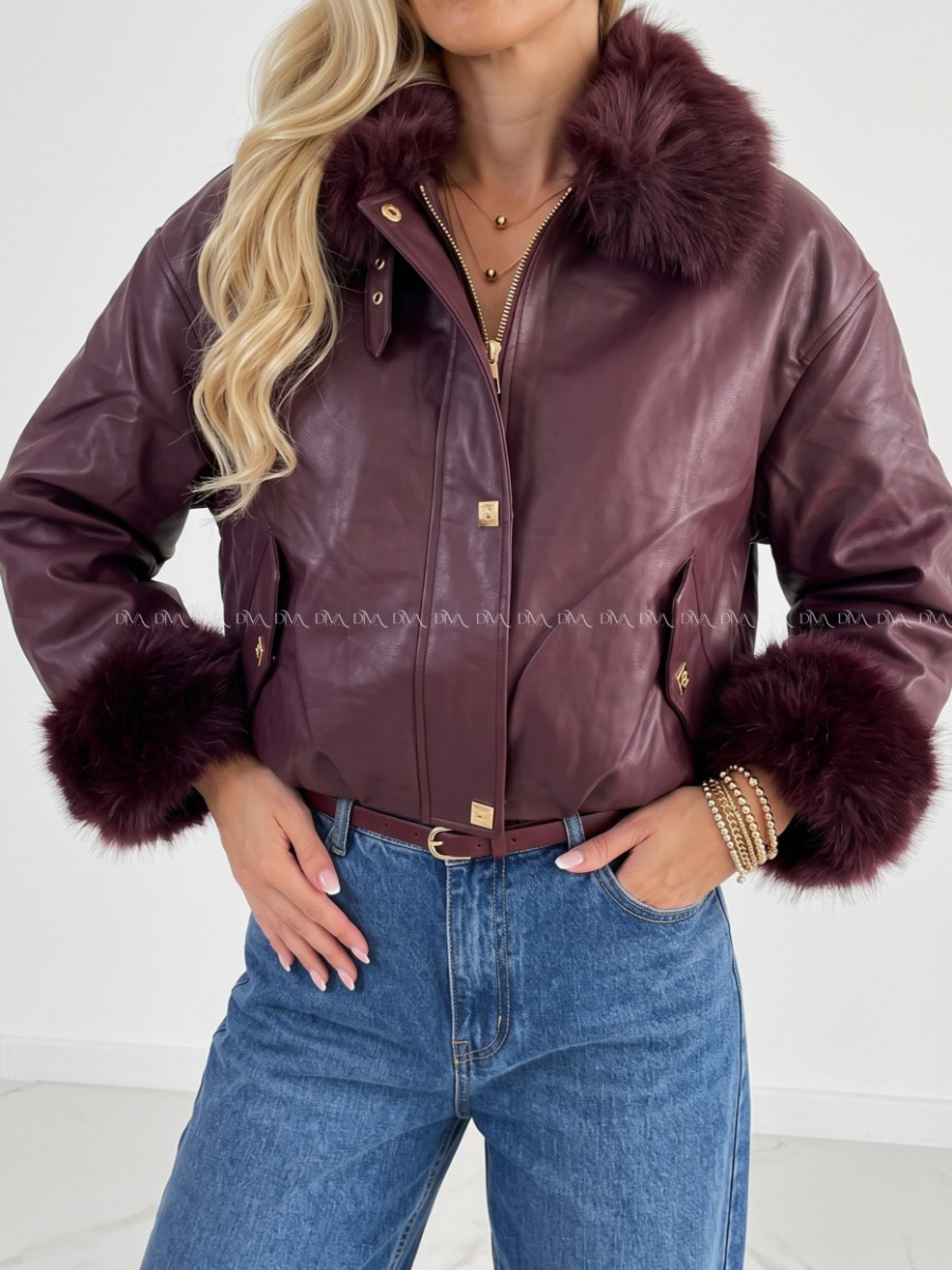Oversize zateplená koženka s kožušinou burgundy AB 830