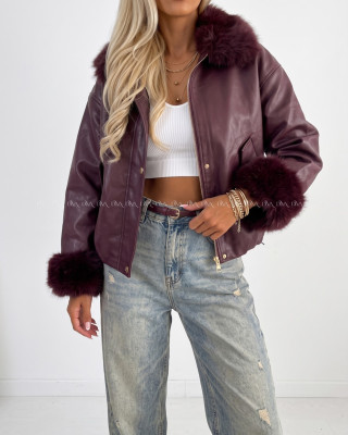Oversize zateplená koženka s kožušinou burgundy AB 830