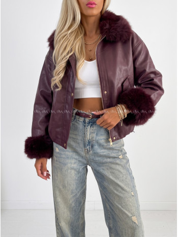 Oversize zateplená koženka s kožušinou burgundy AB 830