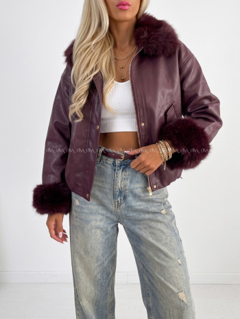 Oversize zateplená koženka s kožušinou burgundy AB 830