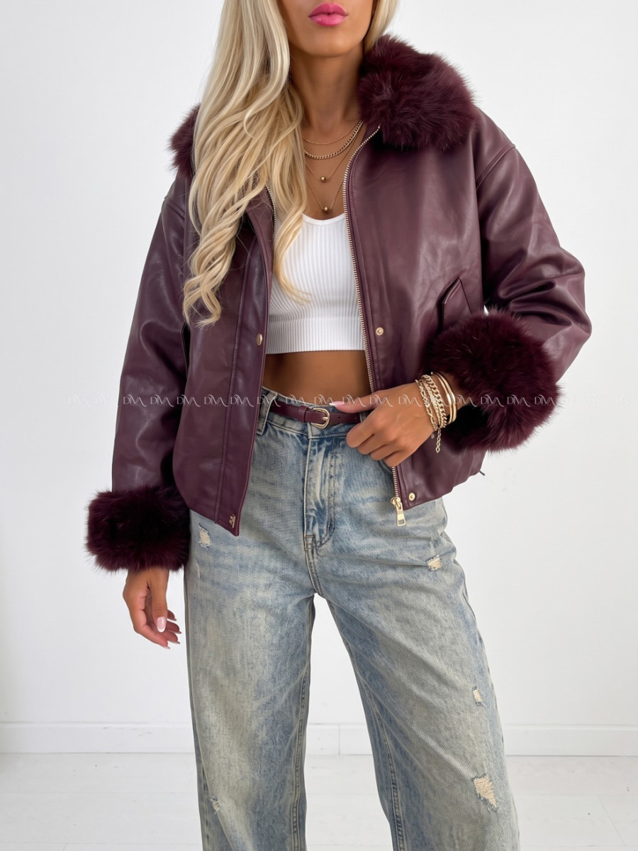 Oversize zateplená koženka s kožušinou burgundy AB 830