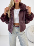 Oversize zateplená koženka s kožušinou burgundy AB 830
