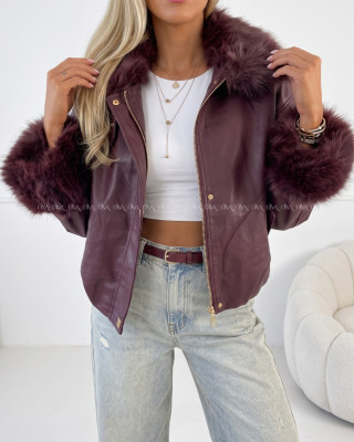 Oversize zateplená koženka s kožušinou burgundy AB 830