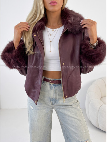 Oversize zateplená koženka s kožušinou burgundy AB 830