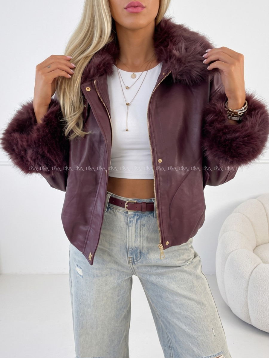 Oversize zateplená koženka s kožušinou burgundy AB 830