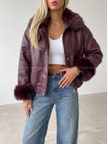 Oversize zateplená koženka s kožušinou burgundy AB 830
