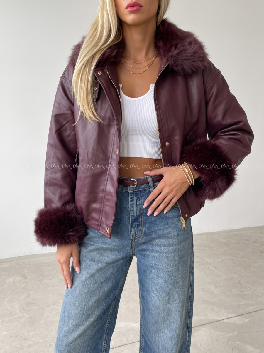 Oversize zateplená koženka s kožušinou burgundy AB 830
